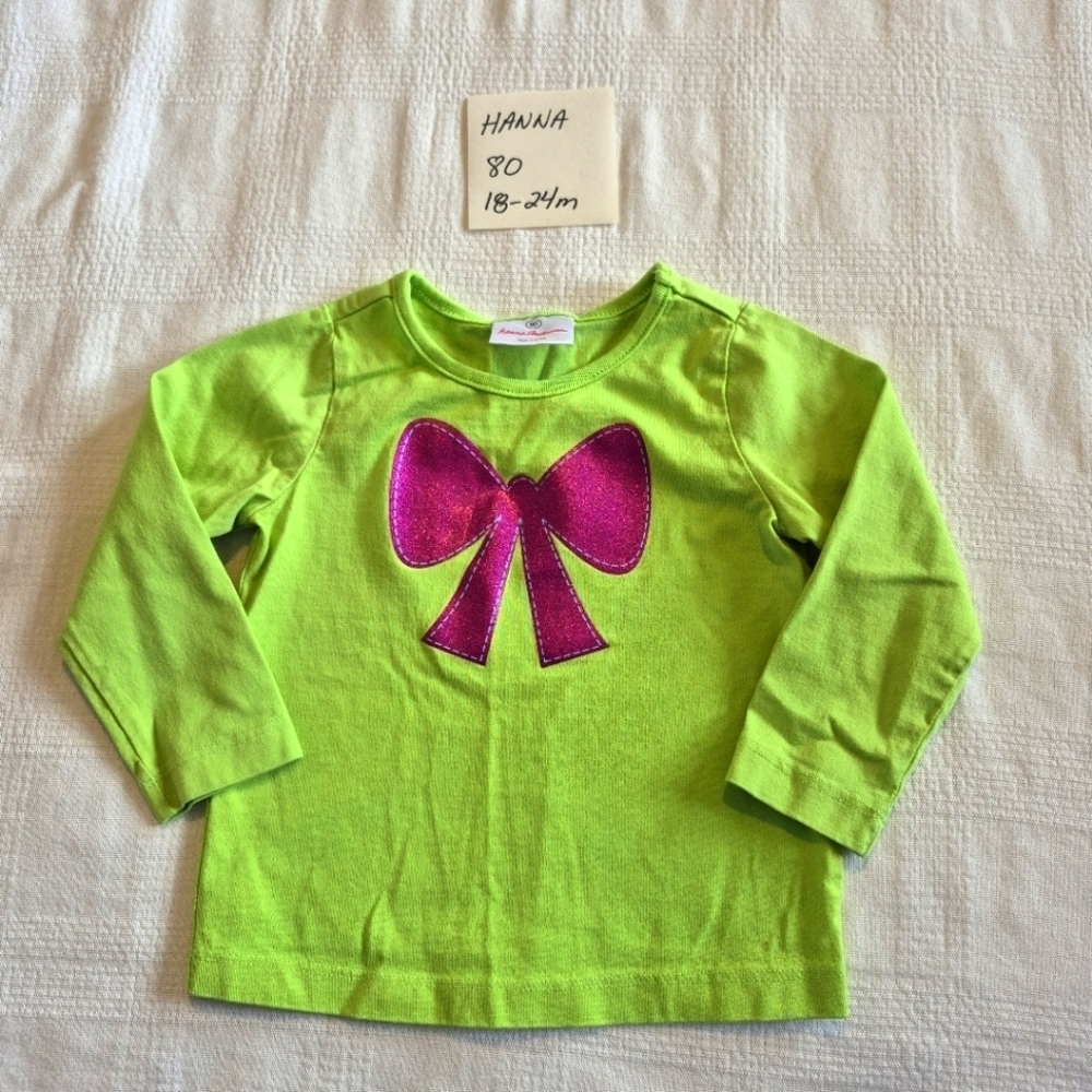 Hanna Andersson girls size 80 or 18-24 months green shirt with sparkly bow VGUC